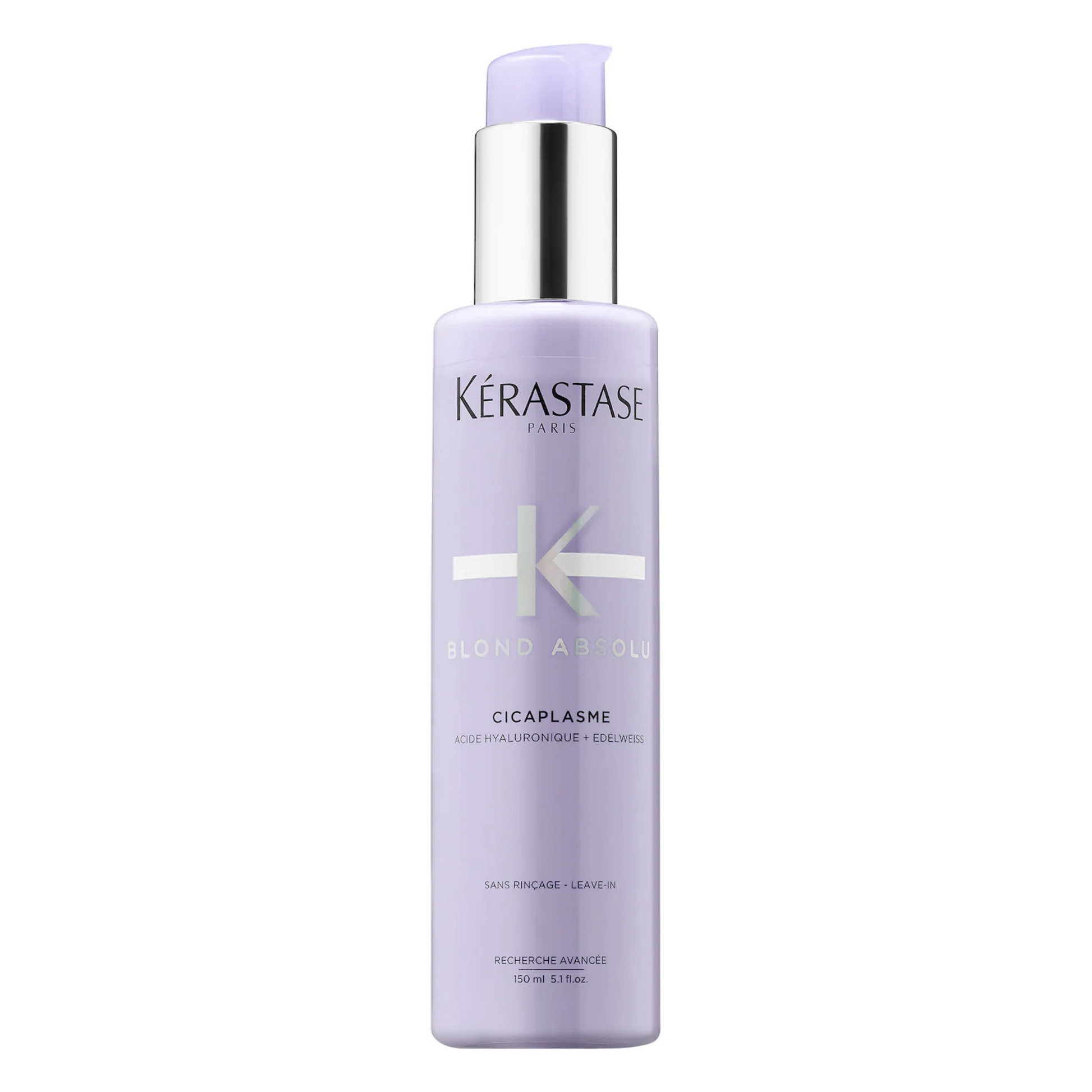 Cicaplasme  Blond Absolu This opalescent lavender-colored leave-in cream fortifies sensitized faux-blonde, lightened, highlighted and grey hair. Enriched with Hyaluronic Acid and Edelweiss flower, Cicaplasme seals split ends and smoothes the hair fiber for a uniform touch and long-lasting frizz control. It instantly treats the damaged areas of the fiber. 